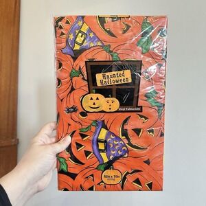 New VTG Vinyl Halloween Tablecloth Jack‎ O Lanterns Witch Hat Oblong 52x70"
